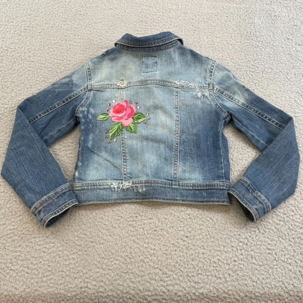Lindsey Berns Jeans Jacket Girls 4T Blue Denim Pink Floral Rhinestone Coquette